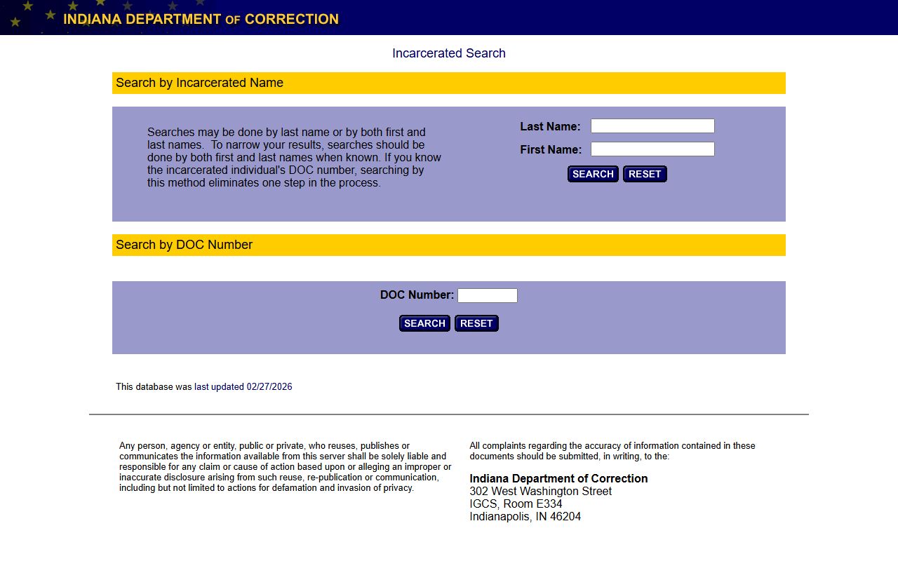 IDOC offender locator search database for Indiana inmate population