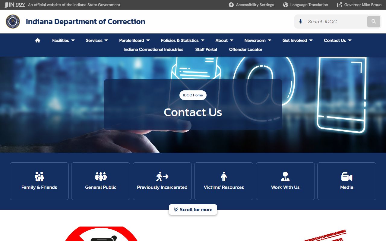 Indiana Department of Correction contact information page