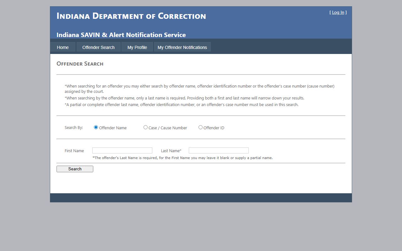 Indiana SAVIN offender search page for inmate population records