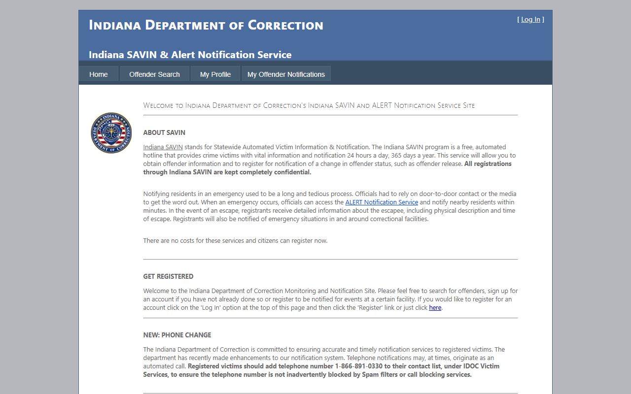 Indiana SAVIN victim notification system for inmate population lookup